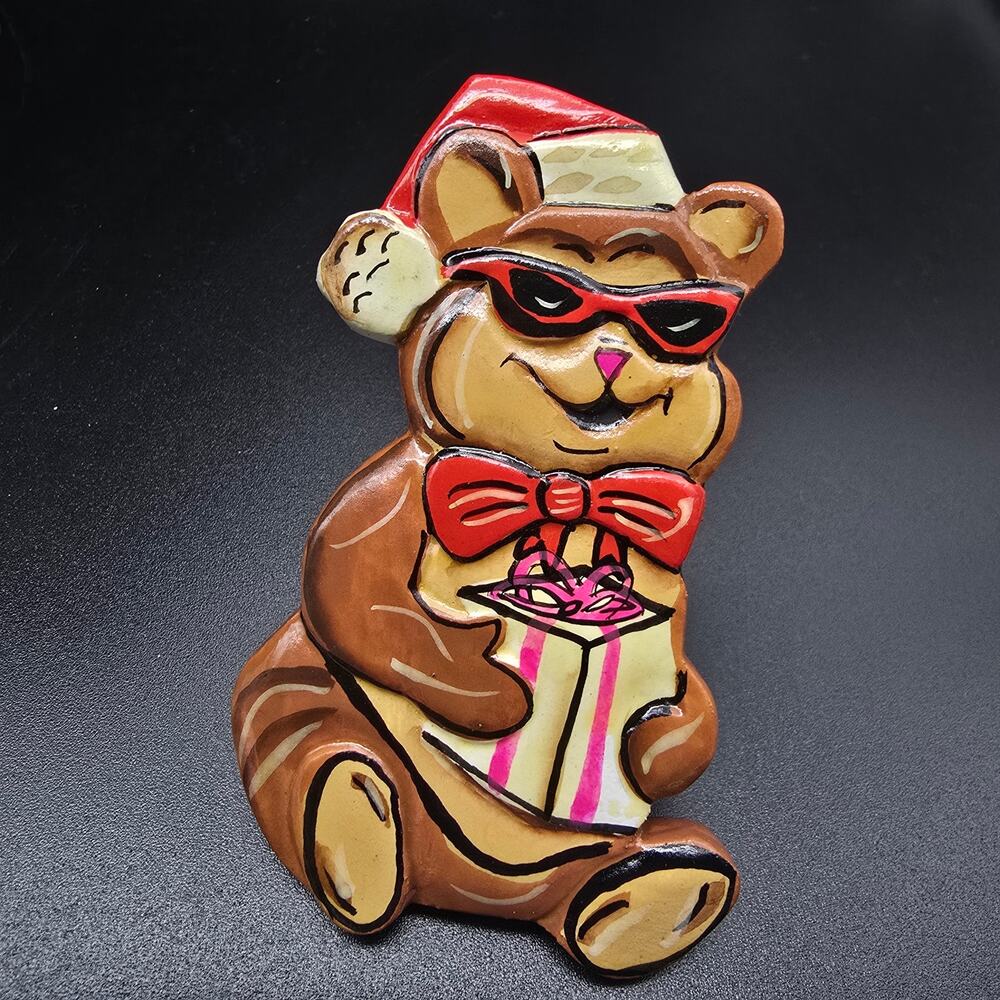 Christmas Bear Scarf Ring Clip Charm Slide Hand Painted Wood Vintage 1980s